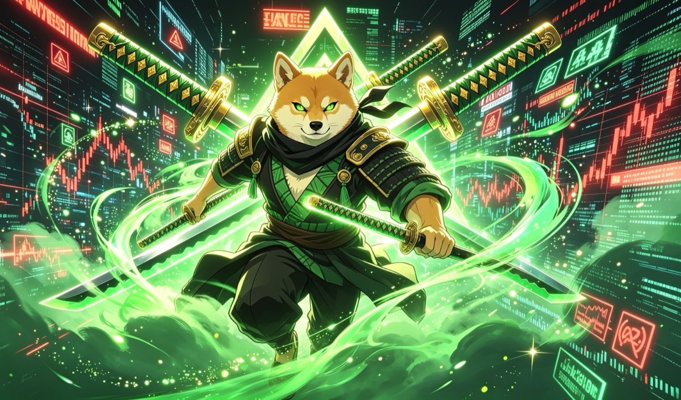Zoro Inu warrior dual-wielding glowing katanas in a fearless battle stance