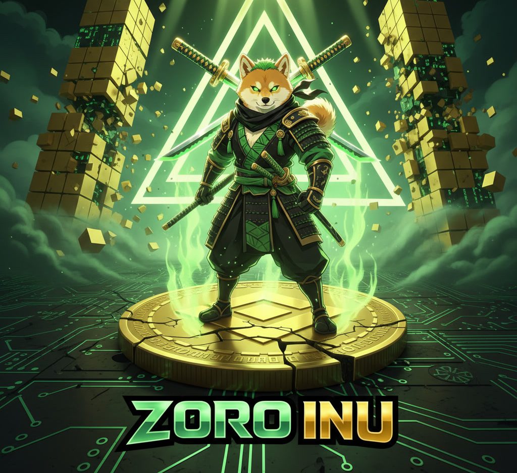Zoro Inu — samurai shiba warrior standing victorious on a golden BNB coin